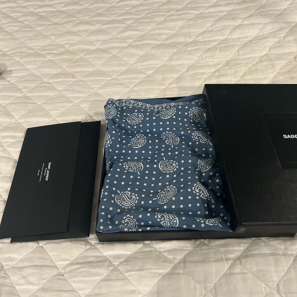 Saint Laurent cotton blue paisley scarf 25 by 25